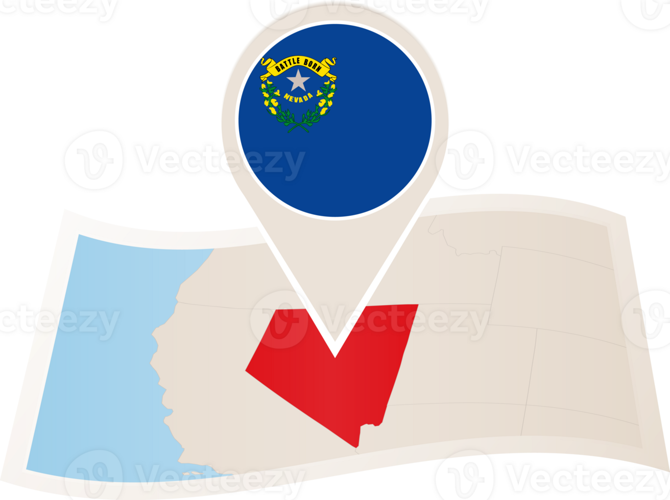 Folded map of Nevada U.S. State with flag pin of Nevada. png