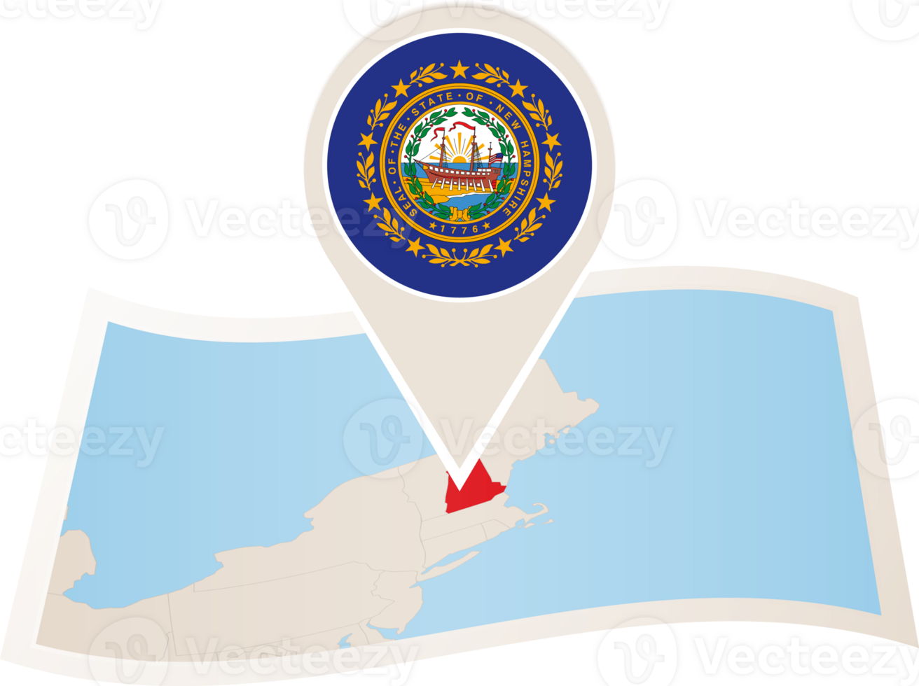 Folded map of New Hampshire U.S. State with flag pin of New Hampshire. png