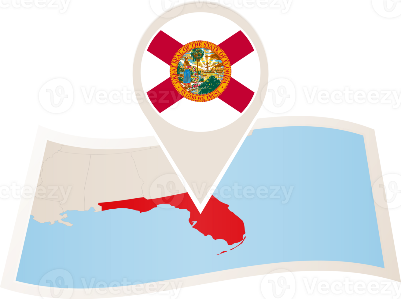 Folded map of Florida U.S. State with flag pin of Florida. png
