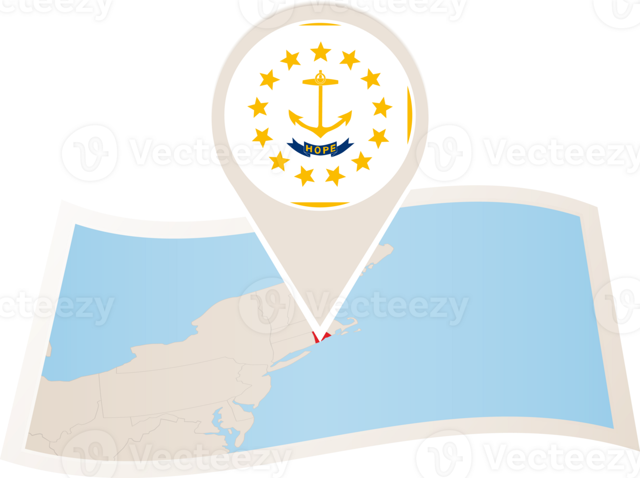 Folded map of Rhode Island U.S. State with flag pin of Rhode Island. png