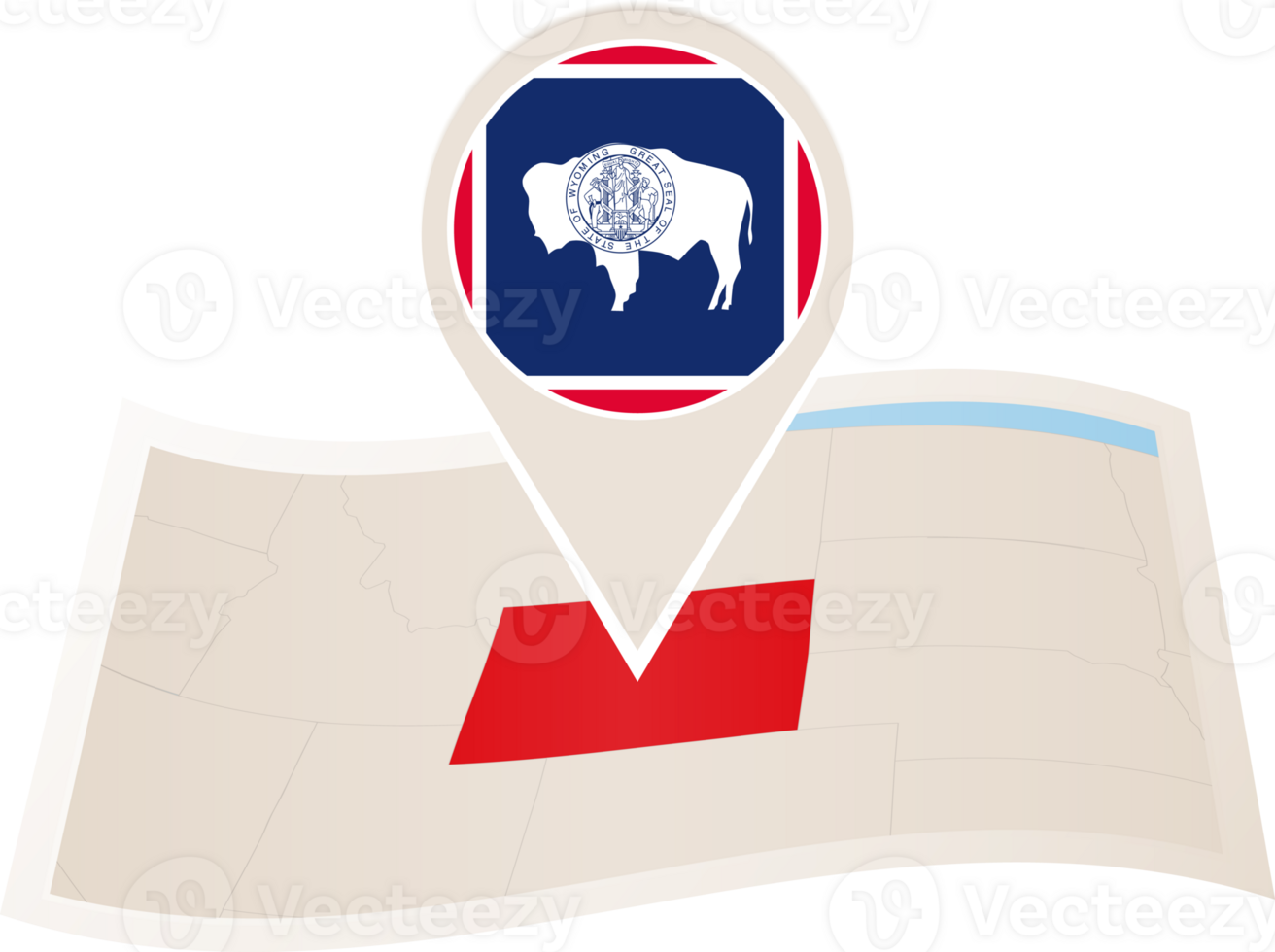 Folded map of Wyoming U.S. State with flag pin of Wyoming. png
