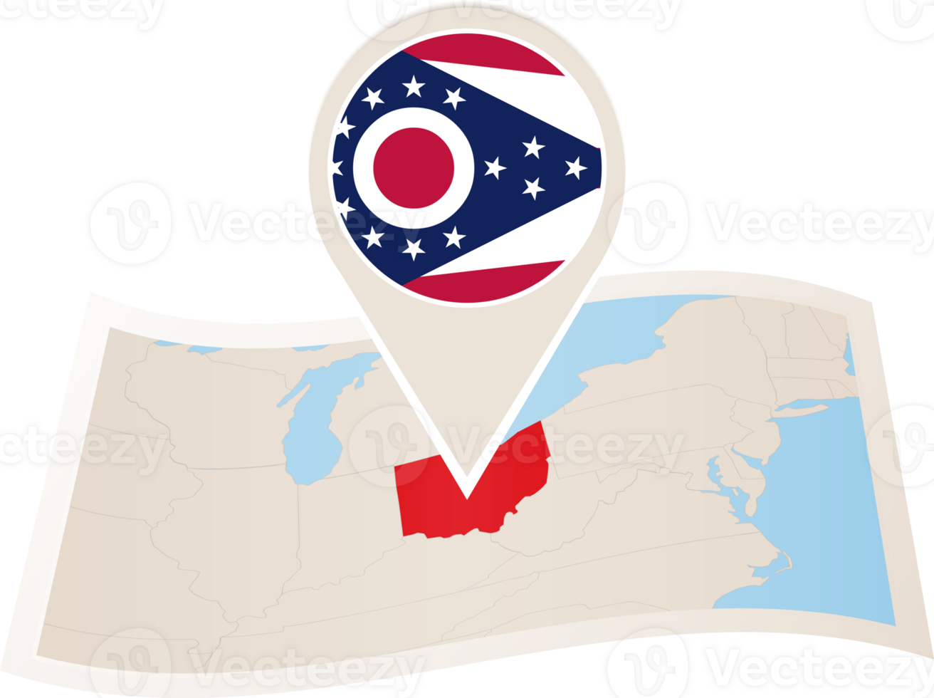 Folded map of Ohio U.S. State with flag pin of Ohio. png