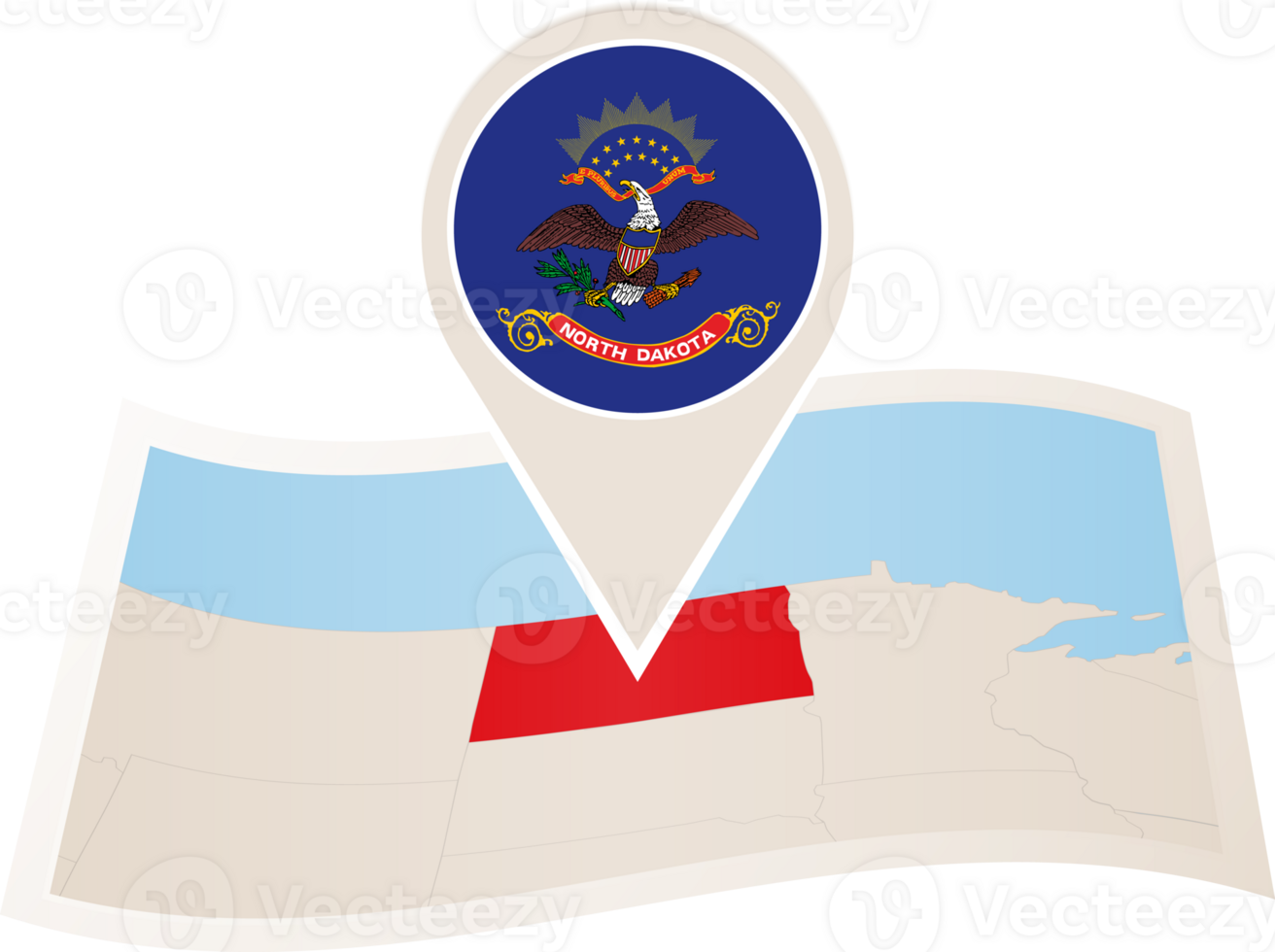 Folded map of North Dakota U.S. State with flag pin of North Dakota. png