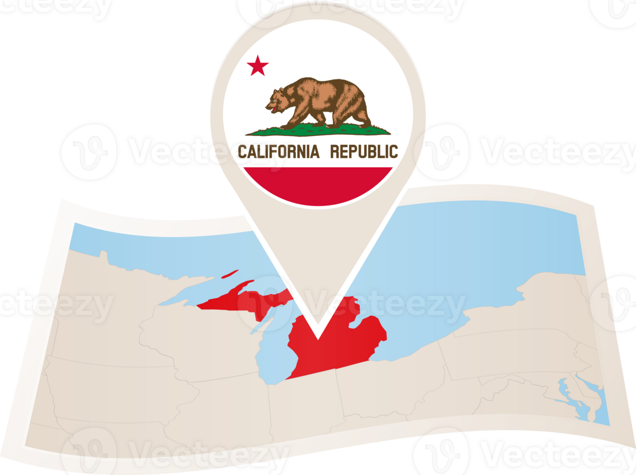 Folded map of California U.S. State with flag pin of California. png