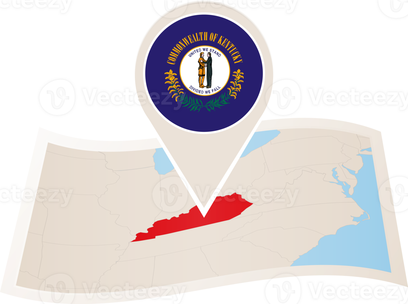 Folded map of Kentucky U.S. State with flag pin of Kentucky. png