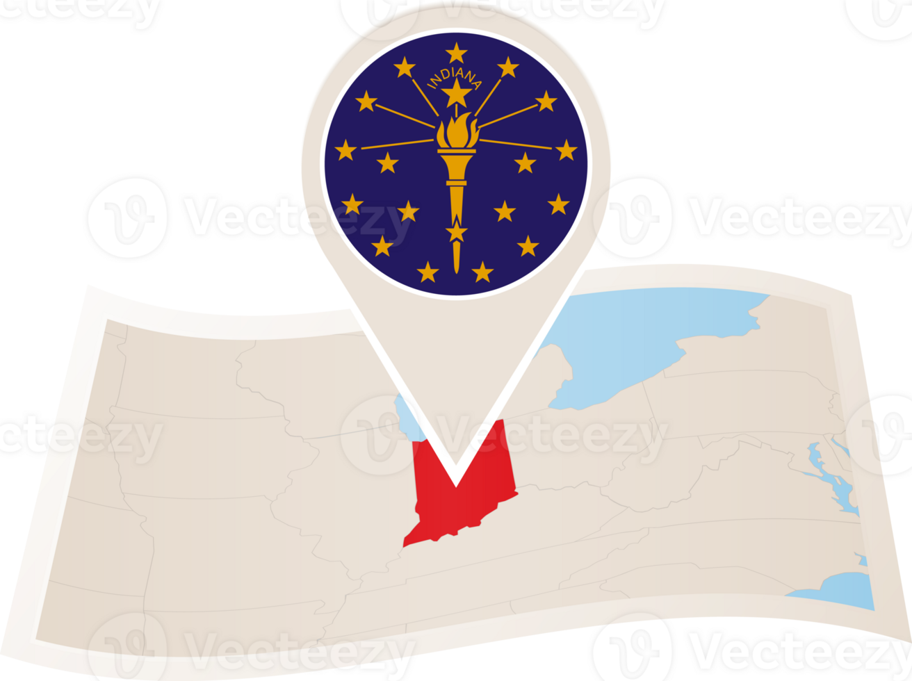Folded map of Indiana U.S. State with flag pin of Indiana. png