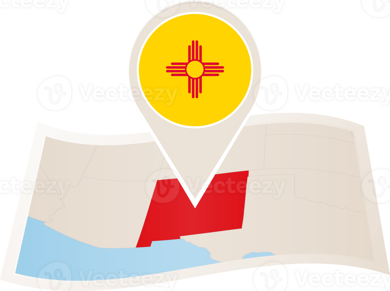Folded map of New Mexico U.S. State with flag pin of New Mexico. png