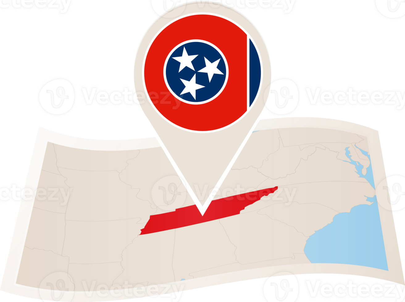 Folded map of Tennessee U.S. State with flag pin of Tennessee. png