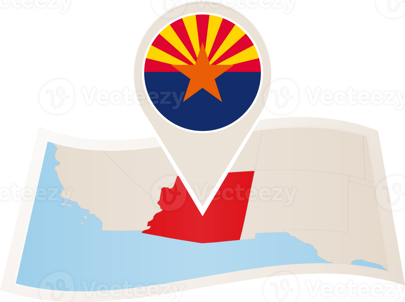 Folded map of Arizona U.S. State with flag pin of Arizona. png