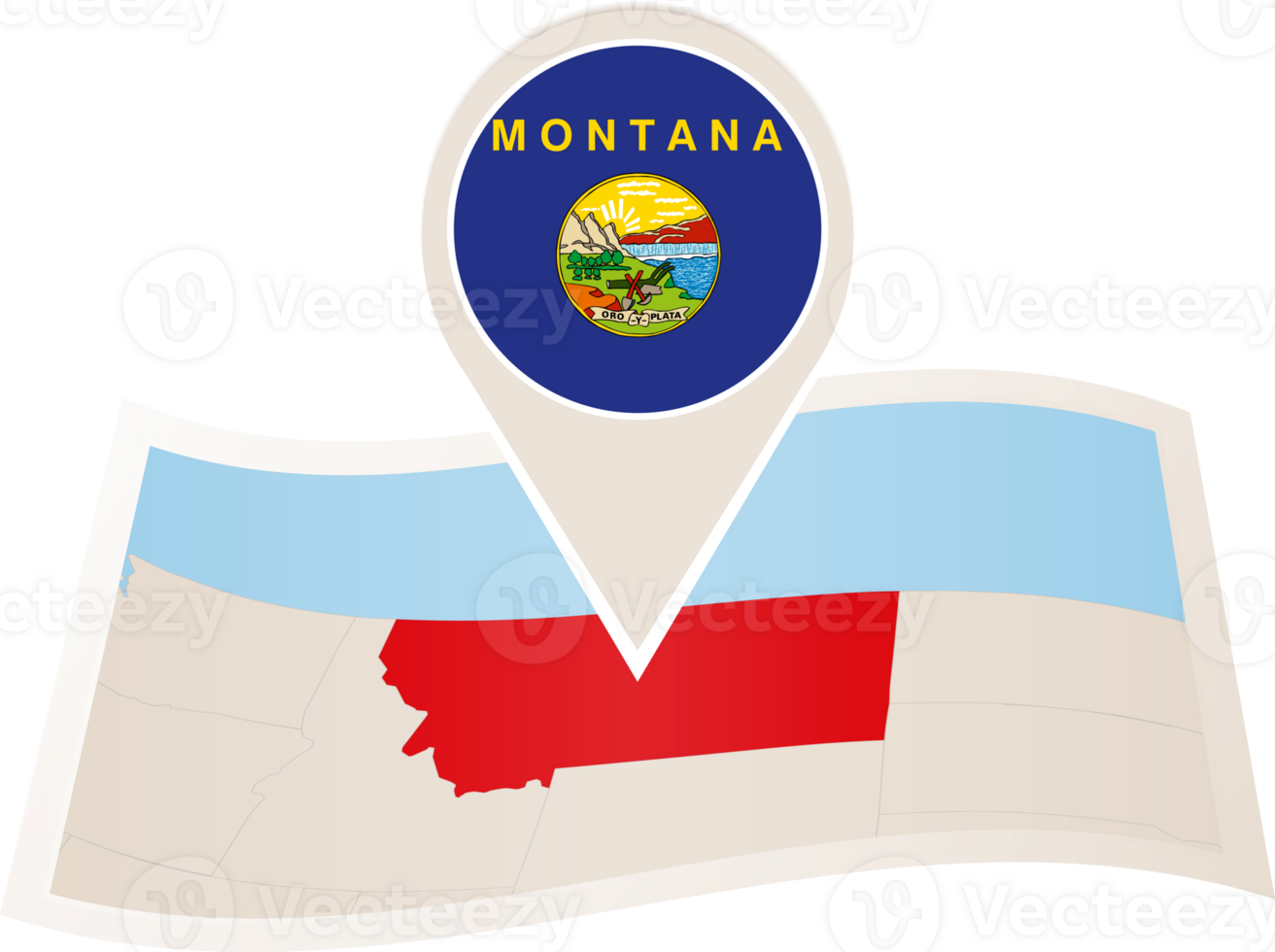 Folded map of Montana U.S. State with flag pin of Montana. png