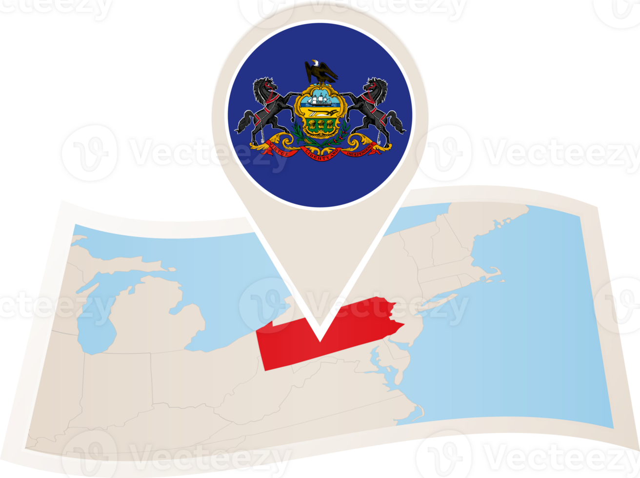 Folded map of Pennsylvania U.S. State with flag pin of Pennsylvania. png