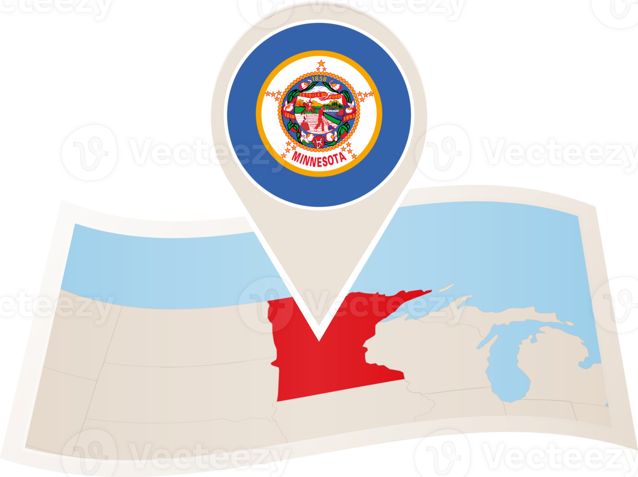 Folded map of Minnesota U.S. State with flag pin of Minnesota. png