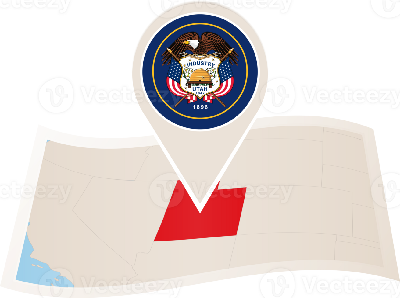 Folded map of Utah U.S. State with flag pin of Utah. png