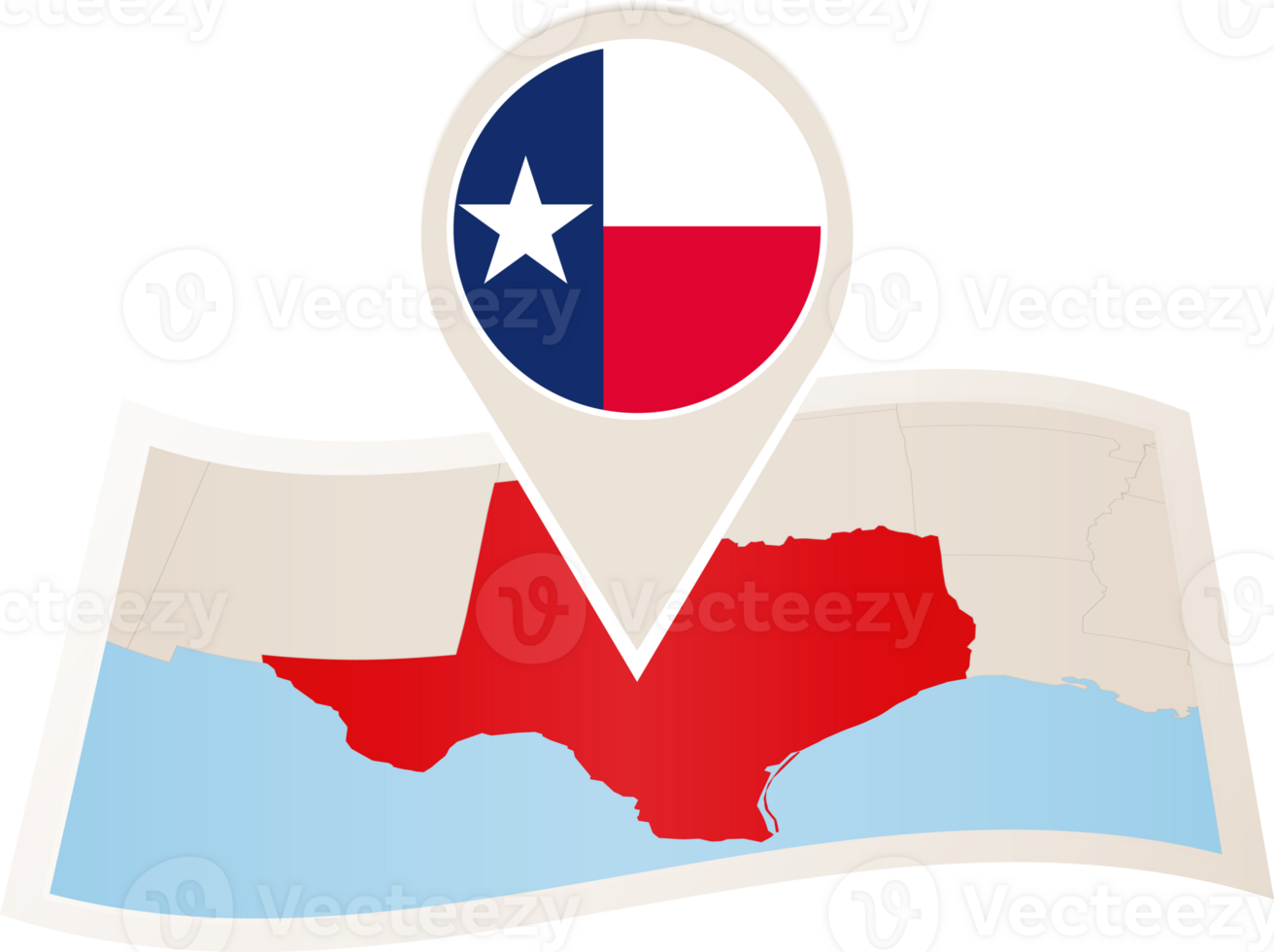 Folded map of Texas U.S. State with flag pin of Texas. png