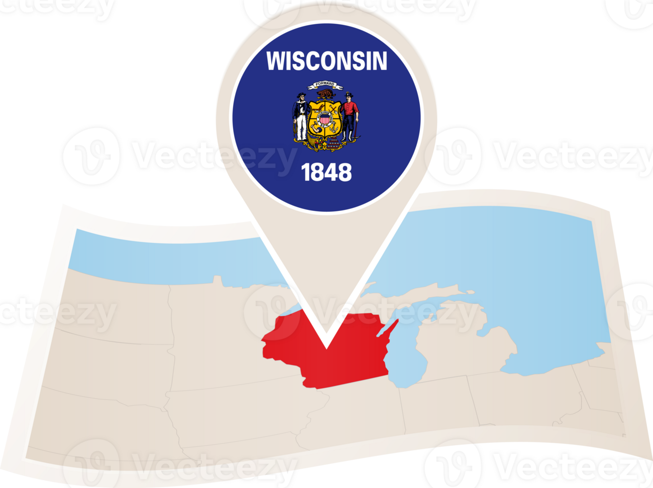 Folded map of Wisconsin U.S. State with flag pin of Wisconsin. png