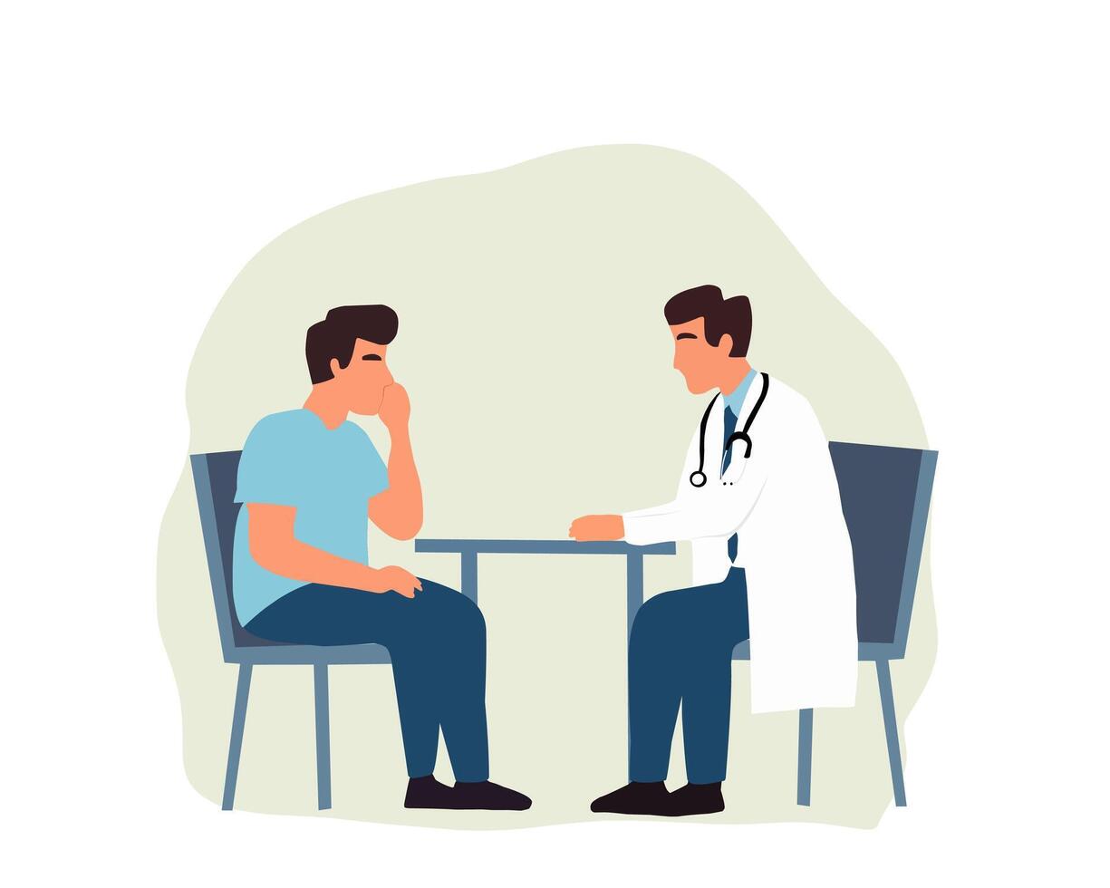 illustration of a doctor consulting a worried patient at a table. Suitable for healthcare, medical consultation, mental health, therapy, diagnosis, and medical advice concepts vector