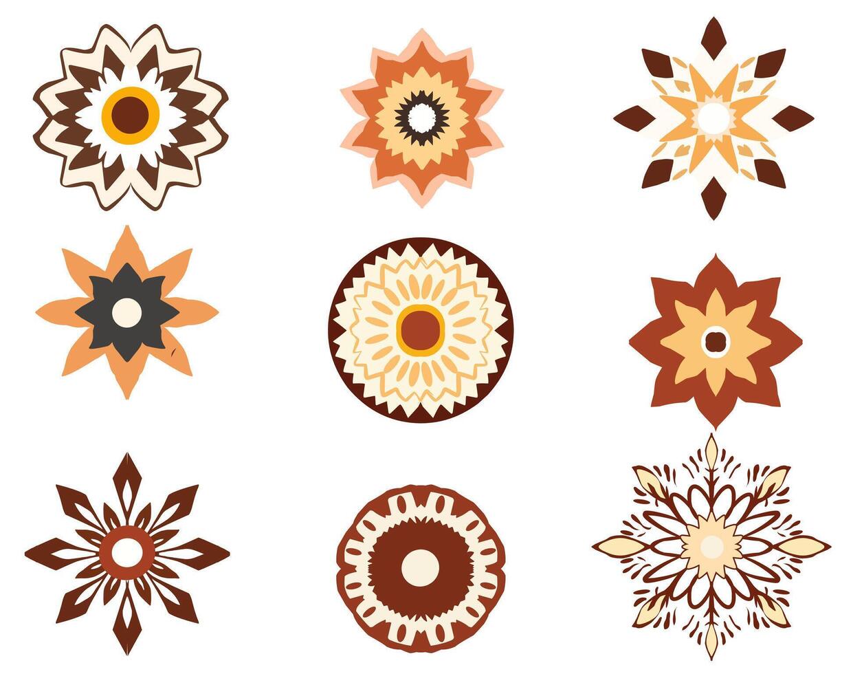 set of nine symmetrical floral ornaments in warm earthy tones, featuring intricate geometric and abstract patterns. Perfect for decoration, textile design, branding, and digital art. vector
