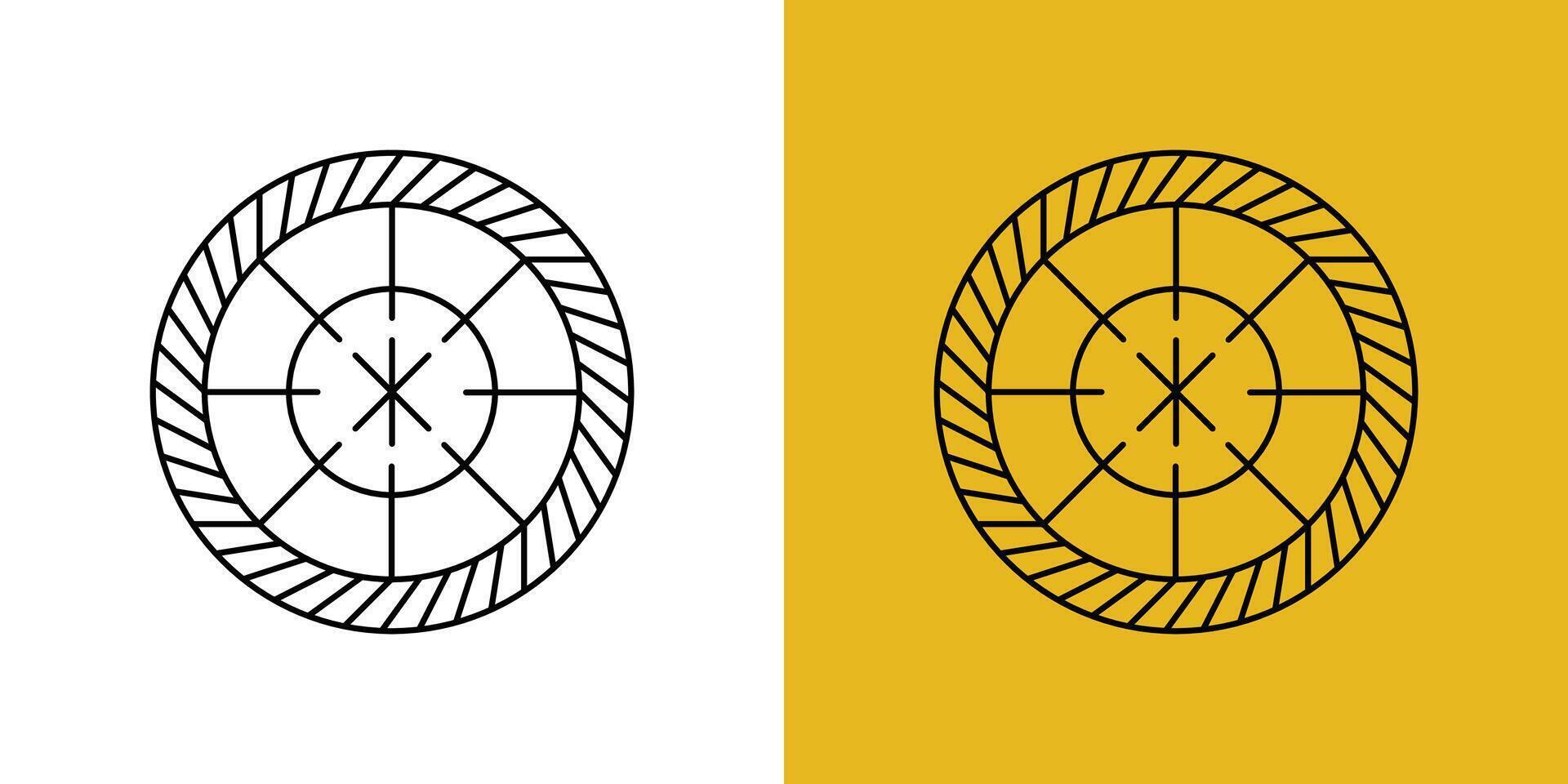 Simple Black Line Art Target Icon on White and Mustard Yellow Backgrounds. vector