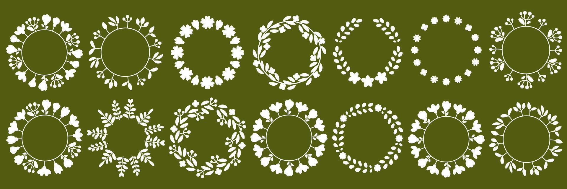 Large set of drawn botanical round frames, floral wreaths. Spring, summer wreaths, clip art for postcards. Logo. Wedding laurel wreaths for invitation card. vector