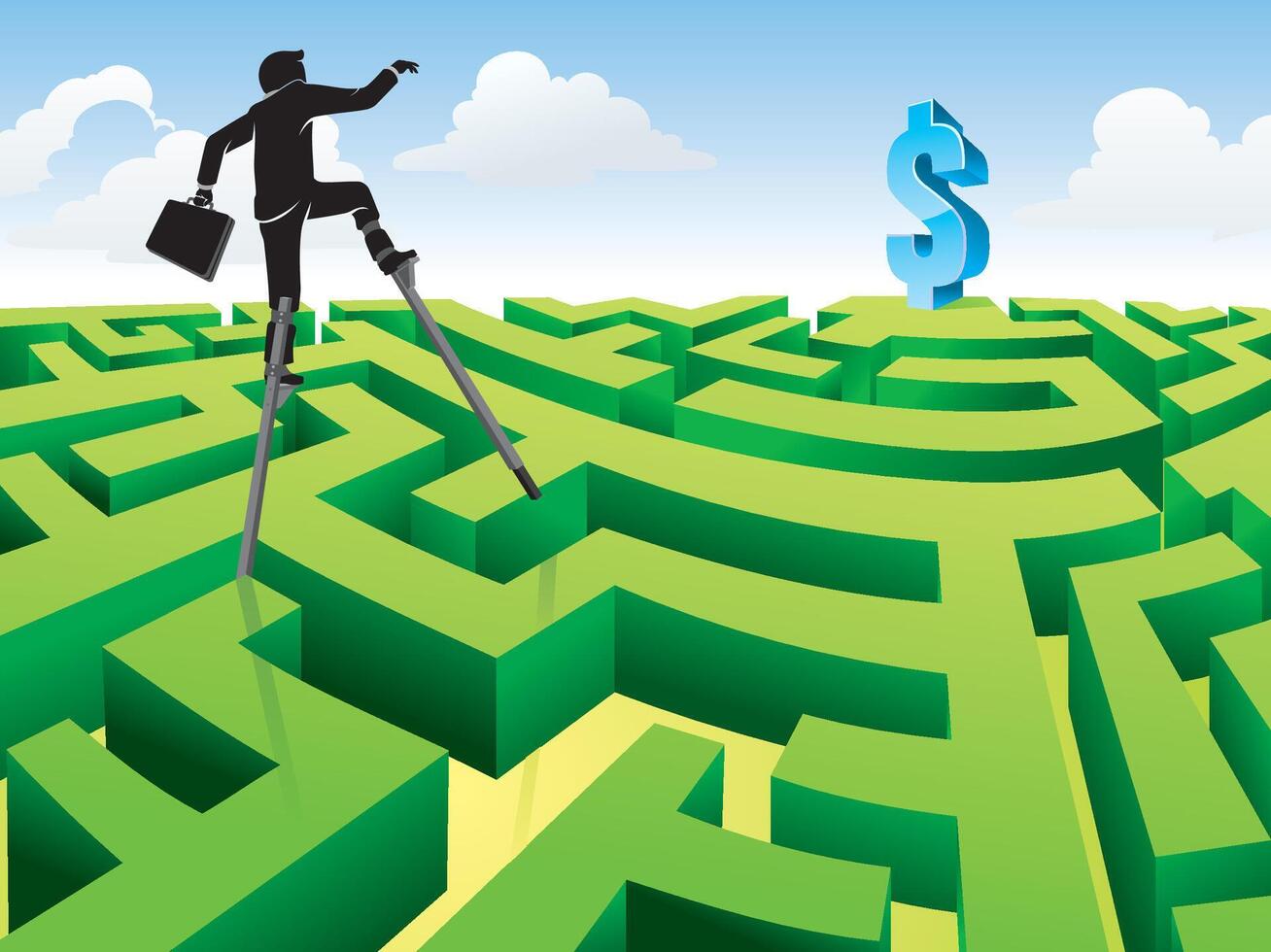 A man in a suit is standing on a ladder and looking at a maze vector