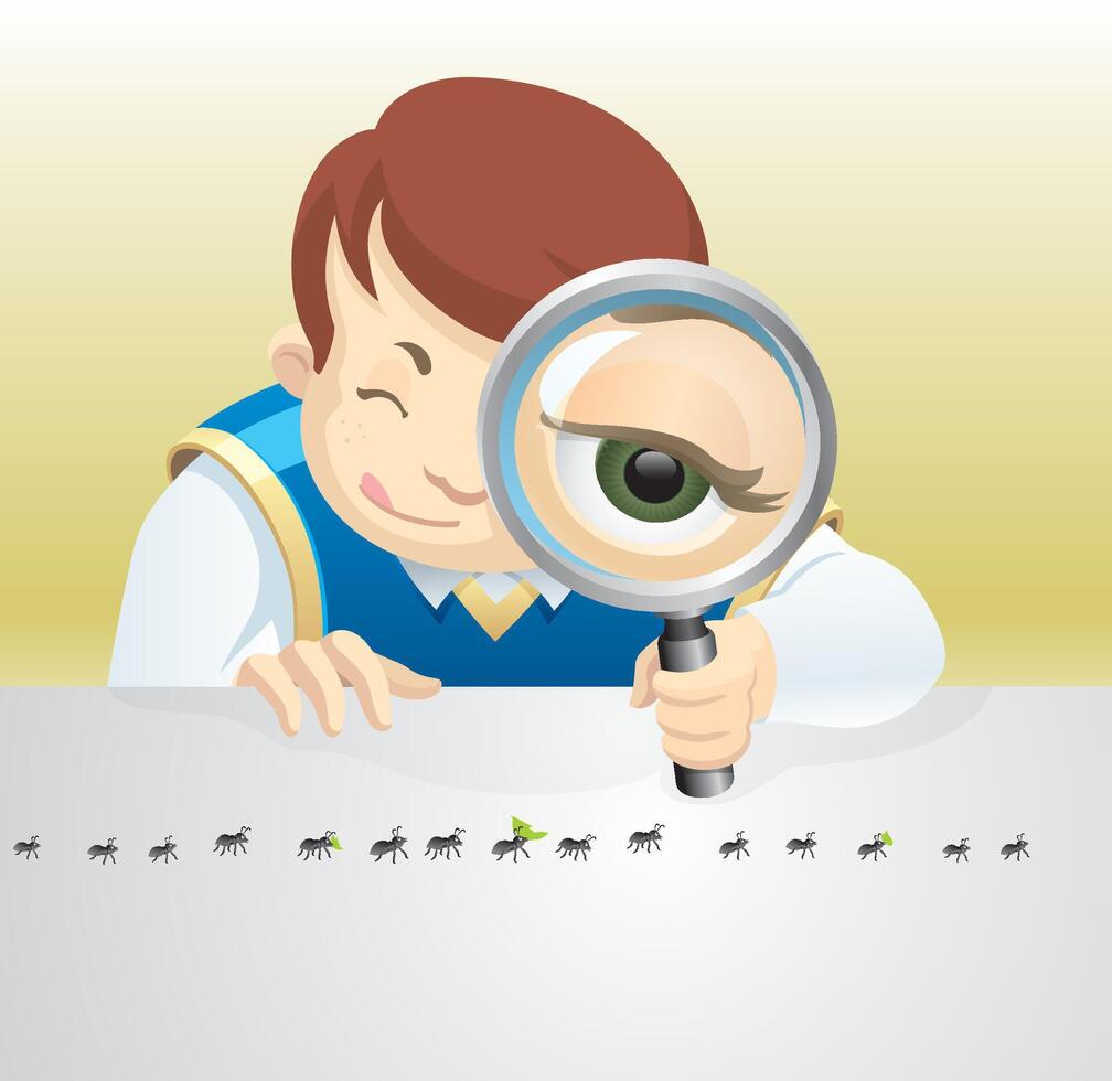 A cartoon boy looking at ants with magnifying glass vector