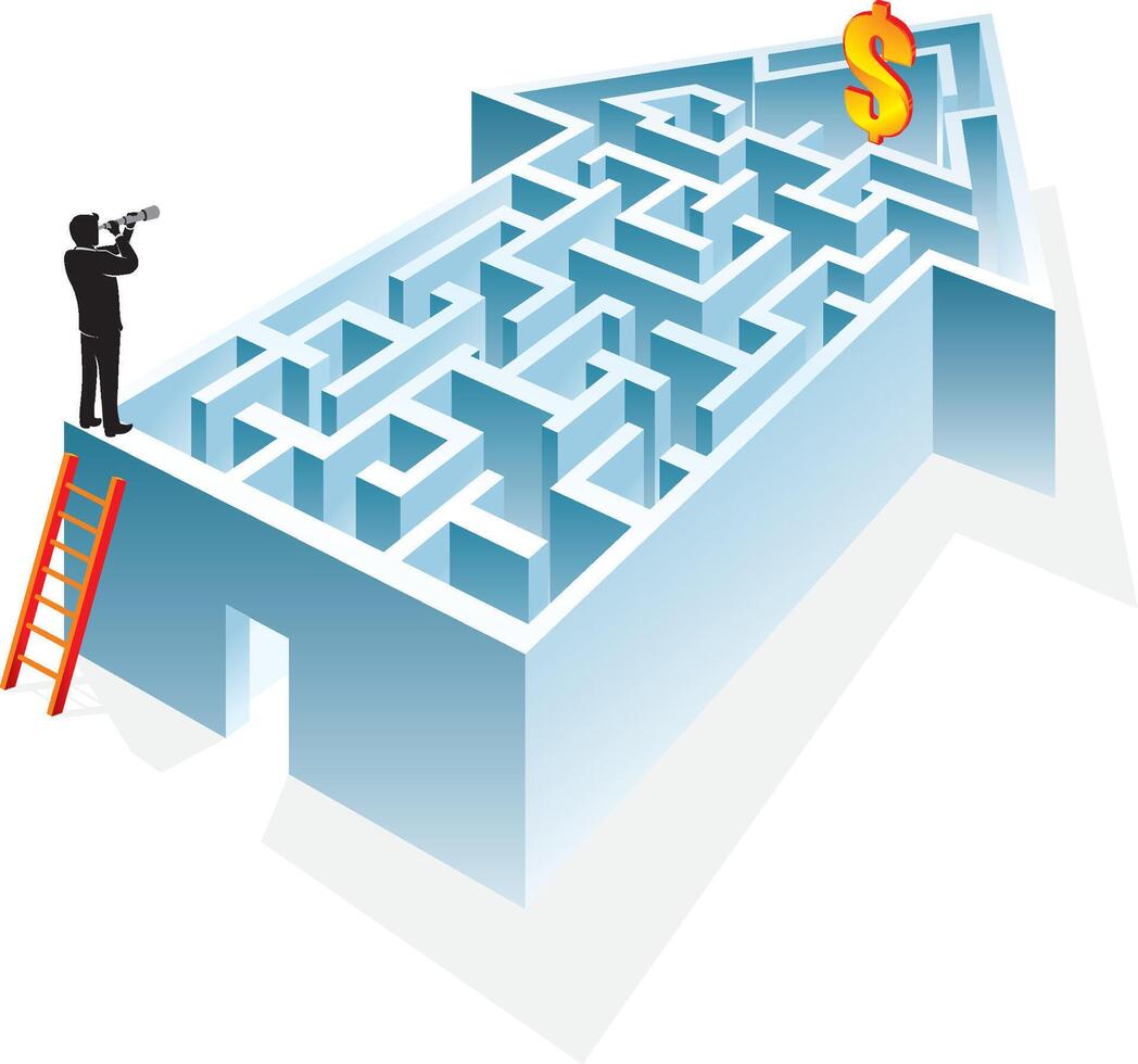 A man is looking at a maze with a dollar sign vector