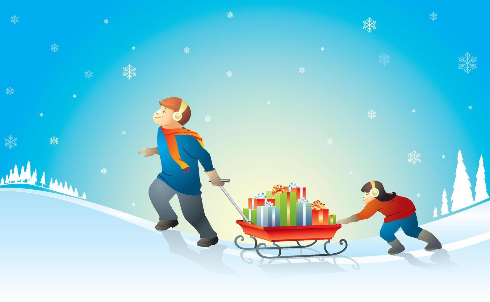 Christmas Kids, Winter Scene deliver gifts vector