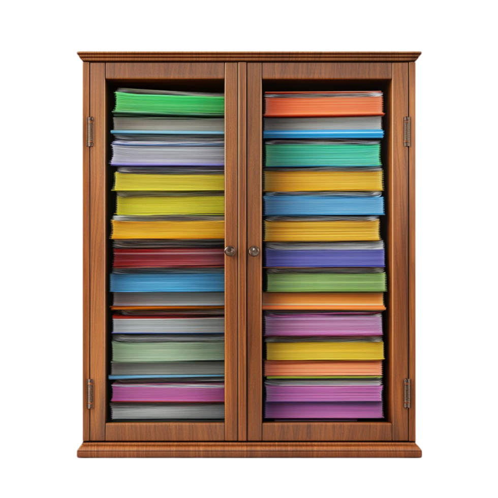 Open Storage Unit with Colorful Paper Stacks png