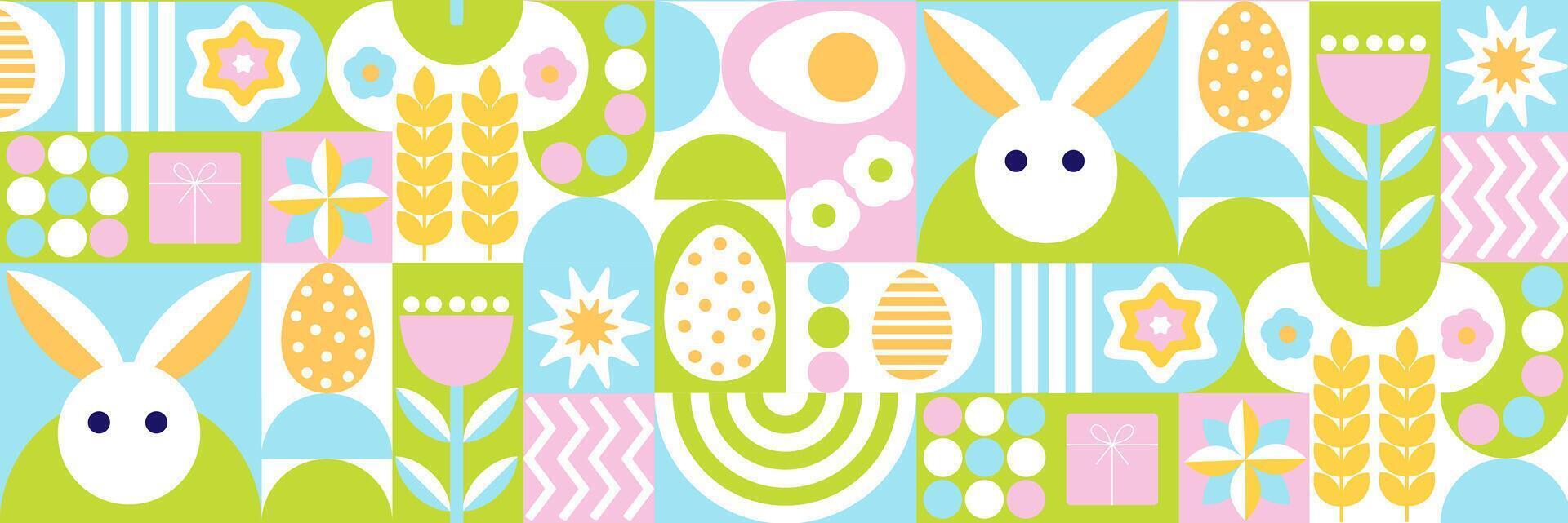 Seamless Easter pattern in modern minimalist style with geometric shapes, eggs. Abstract template for poster, branding, advertising, postcard, a colorful pattern with bunny ears and flowers vector