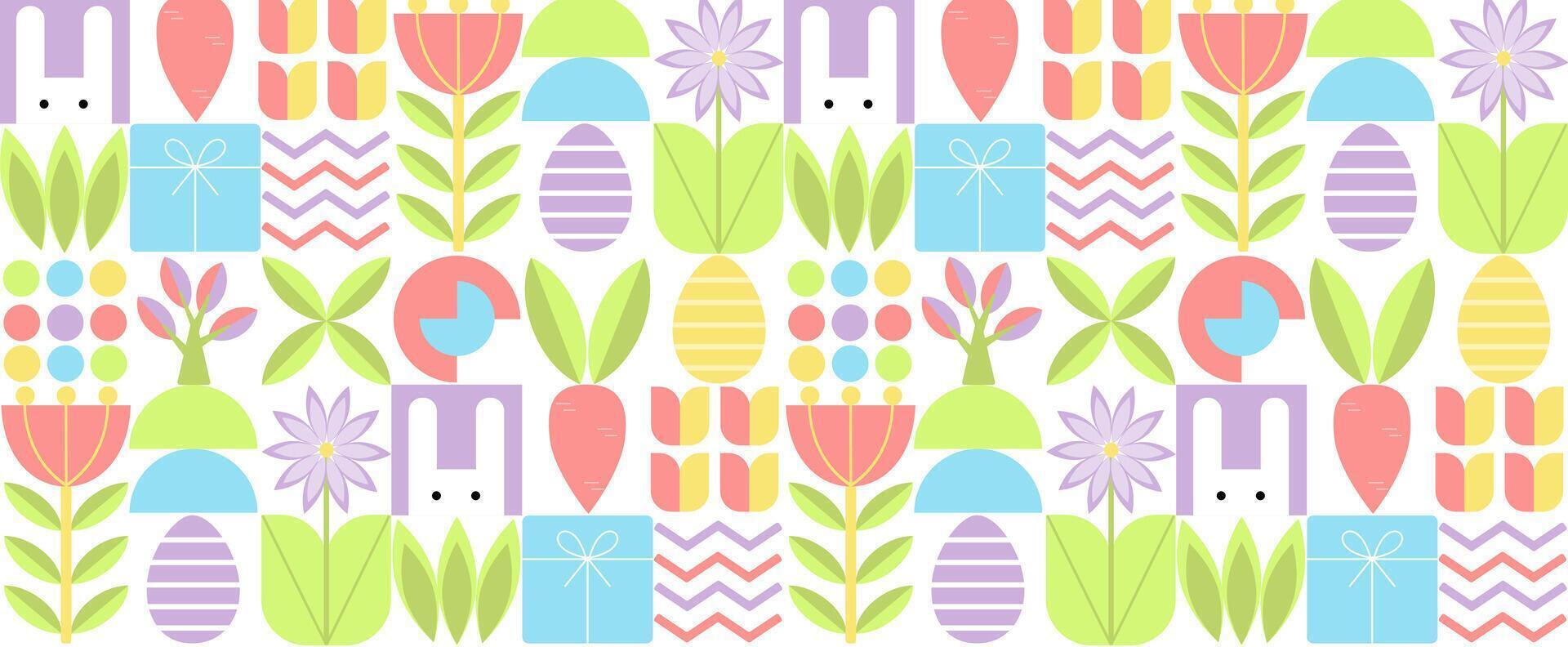 Seamless Easter pattern in modern minimalist style with geometric shapes, eggs. Abstract template for poster, branding, advertising, postcard, prints, banner.a colorful pattern with flowers vector