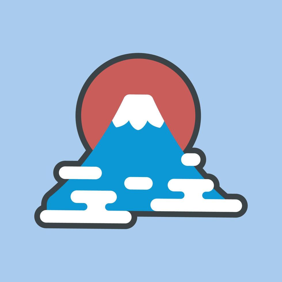 Japanese Mount Fuji with cloud in outline flat design. vector