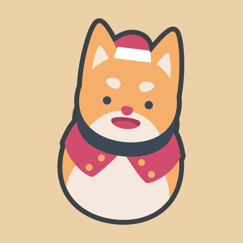 Shiba inu dog wearing santa hat with outline flat design. vector