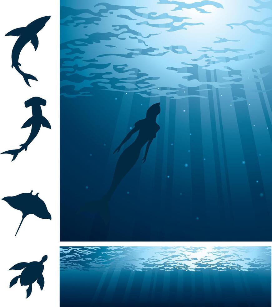 Deep Ocean with Mermaid and Marine Animal Silhouette Options vector