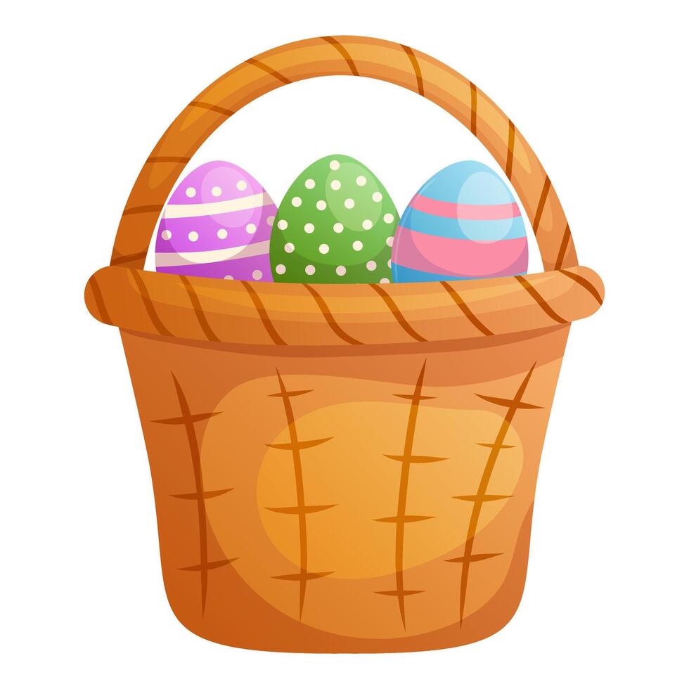 Basket with easter eggs. Cartoon easter card elements isolated on white. vector
