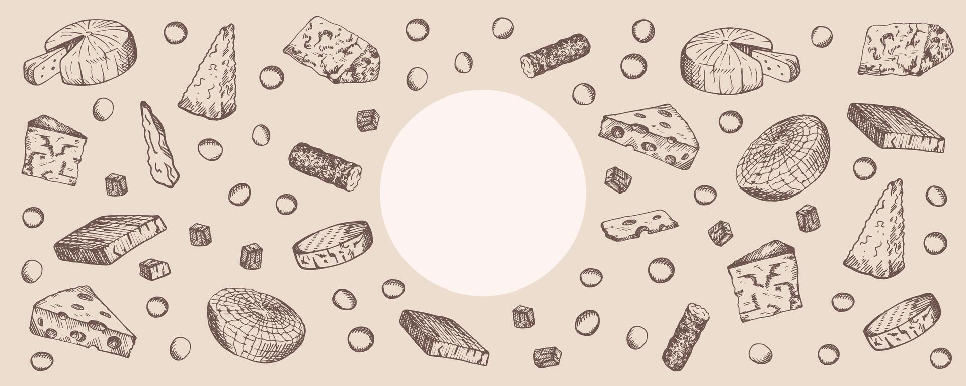Design banner with different kind of Cheese. Food template with engraved sketch of Mozzarella, Gouda, Roquefort, Parmesan, Brie, Gorgonzola. Hand drawn Cheeses vintage card background for text vector