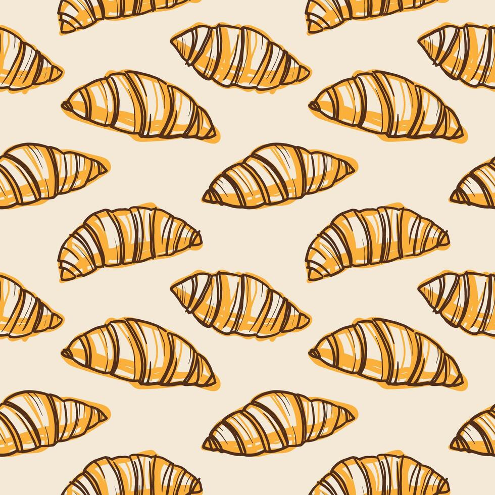 Hand drawn seamless pattern with abstract Croissants. Repeating background with French baked goods. Food illustration, pastry. Design for wrapping, label, paper, card, paper, banner, print vector