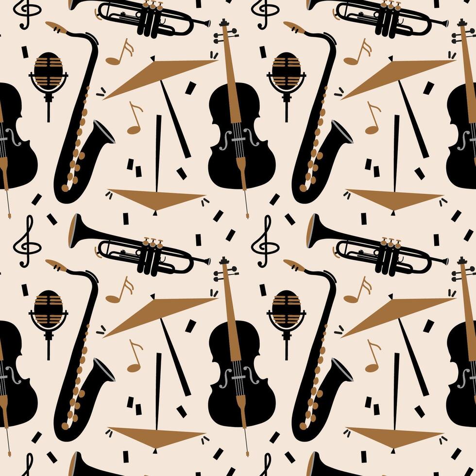 Seamless pattern with Musical instruments. Repeating background with cello, trumpet, drums, microphone, treble clef for template, banner, paper, card, print, flyer. Design texture rapport vector