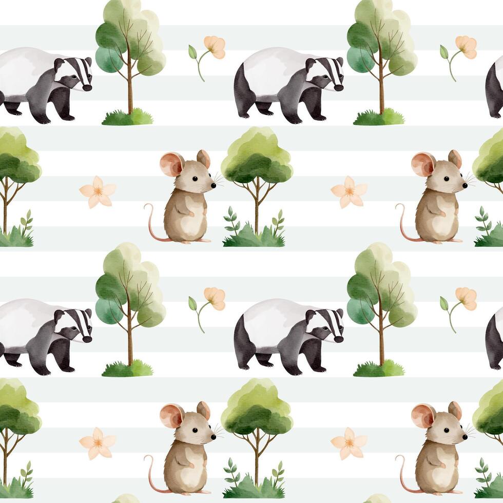 Seamless pattern with cute watercolor mouse and badger. Forest wildlife backgrounds. Watercolor woodland vector