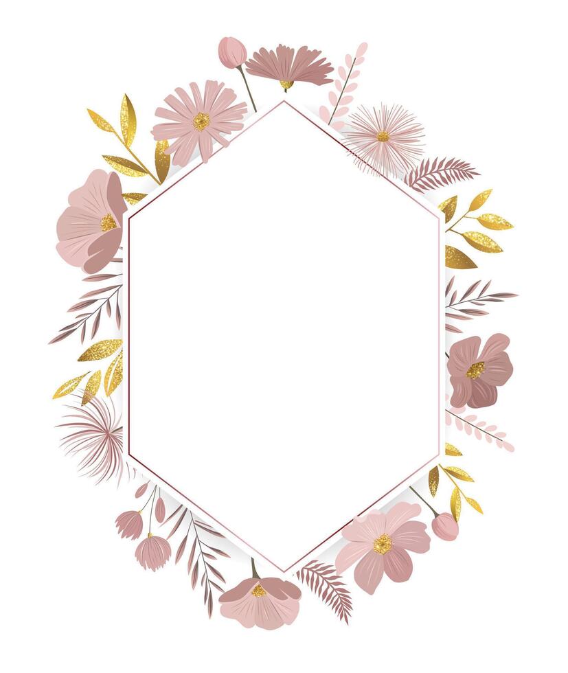 Floral frame with meadow flowers and golden leaves. Gentle botanical template for wedding invitations and greeting cards. vector