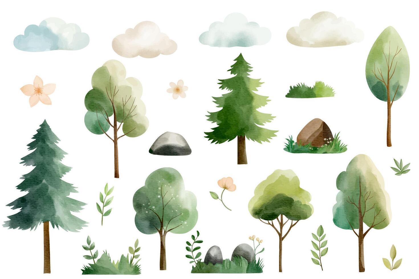 Set of wild watercolor forest trees, plants and clouds. Watercolor woodland. Watercolor nature elements vector