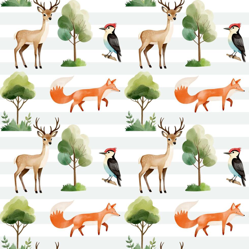 Seamless pattern with cute watercolor deer, fox and woodpecker. Forest wildlife backgrounds. Watercolor woodland vector
