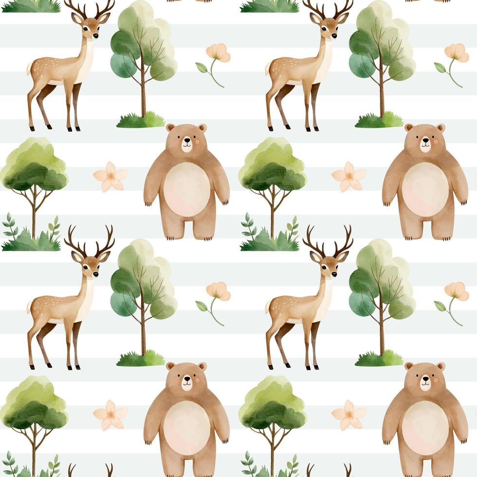 Seamless pattern with cute watercolor deer and bear. Forest wildlife backgrounds. Watercolor woodland vector