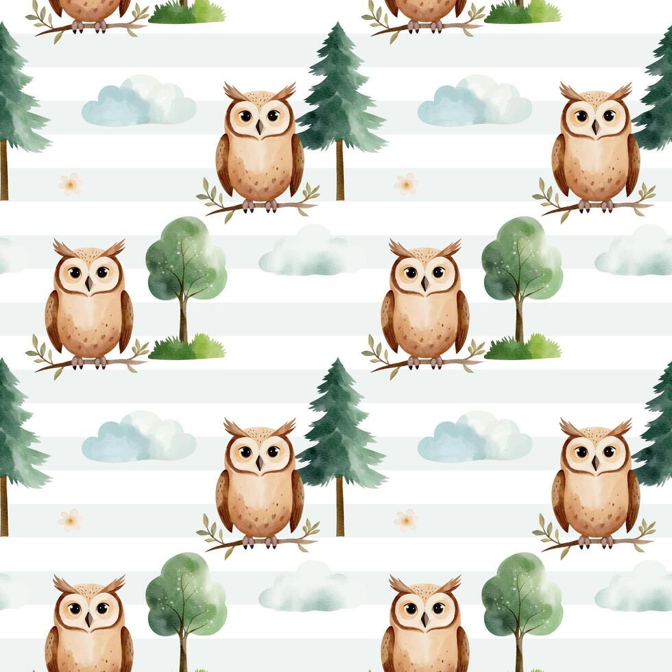 Seamless pattern with cute watercolor owl, pine and clouds. Forest wildlife backgrounds. Watercolor woodland vector