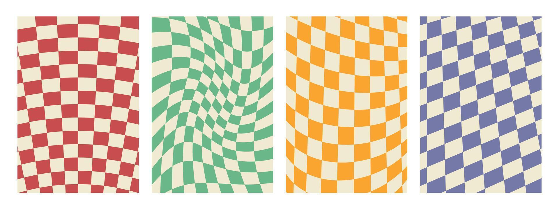 Groovy 70s hippie backgrounds featuring checkerboard,mesh, and wavy patterns.Retro 60s and 70s psychedelic design with a Y2K aesthetic. Gingham wallpaper collection, perfect for print templates vector
