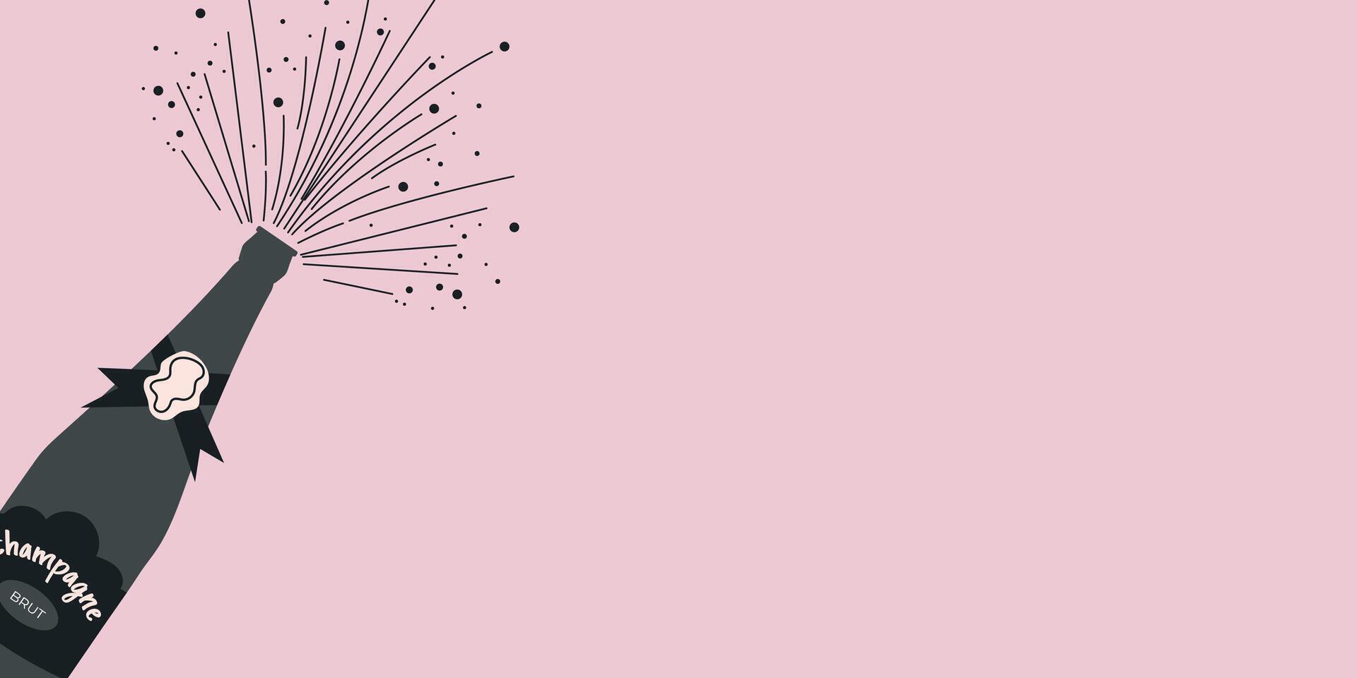 Champagne bottle explosion. Festive background with place for text. Celebration concept. Hand drawn illustration. Used for bar and restaurant menu, poster, banne vector