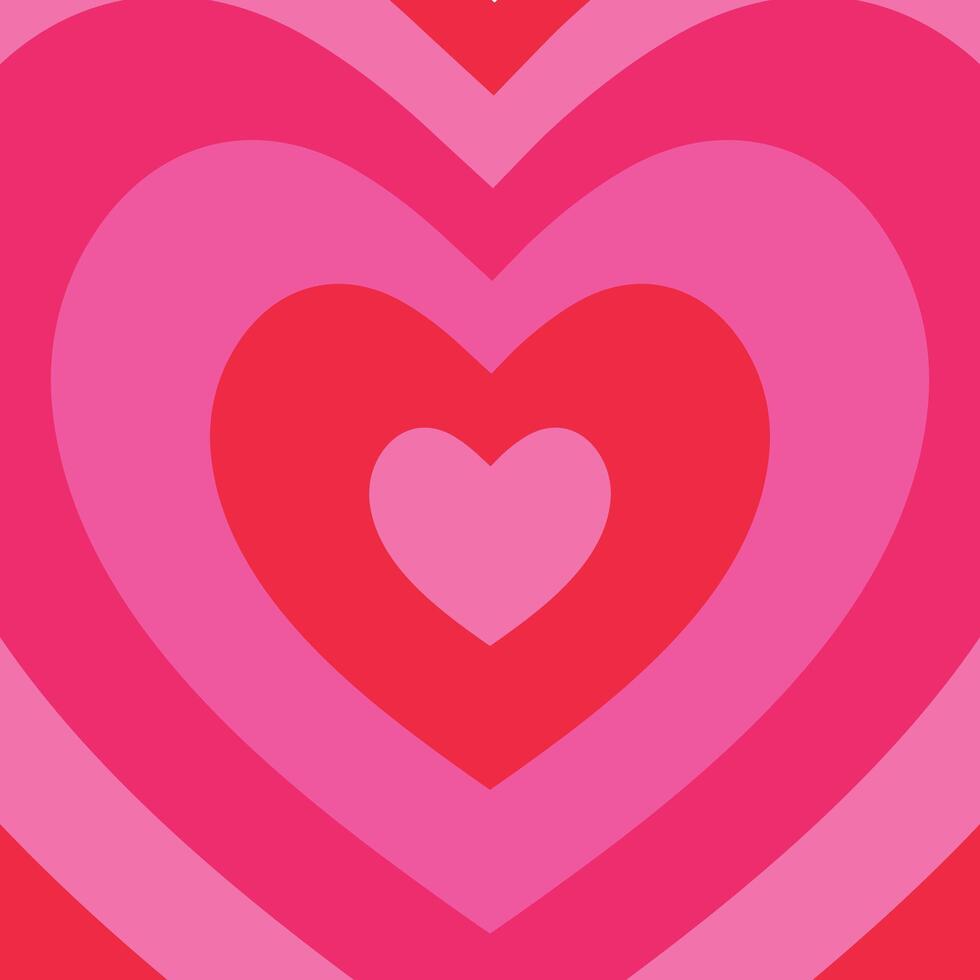 Romantic love heart tunnel background featuring concentric hearts. Mesmerizing design with dimensional heart-shaped layers in radiant red and pink hues. Trendy retro 60s and 70s style vector