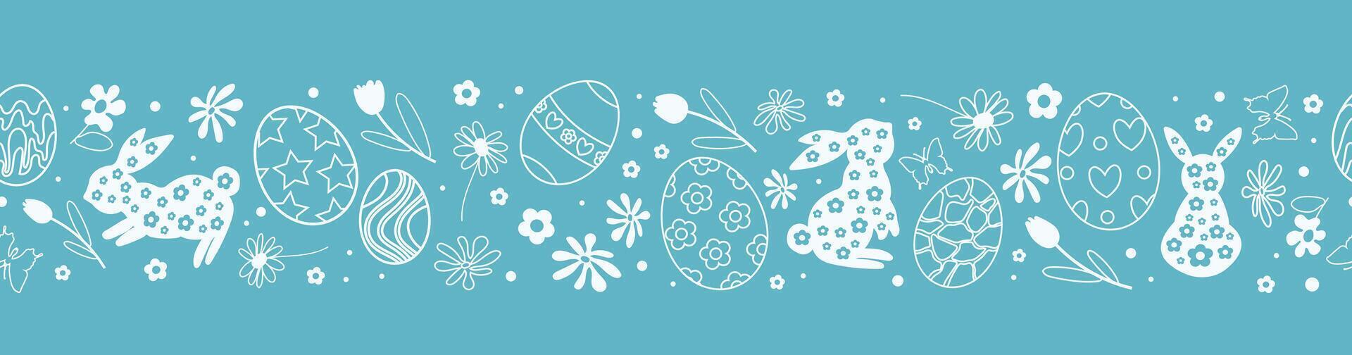 Cute hand drawn design of Easter bunnies, flowers and eggs. Horizontal seamless pattern. Easter doodle background. Great for textiles, cards, banners, wallpapers, wrapping vector