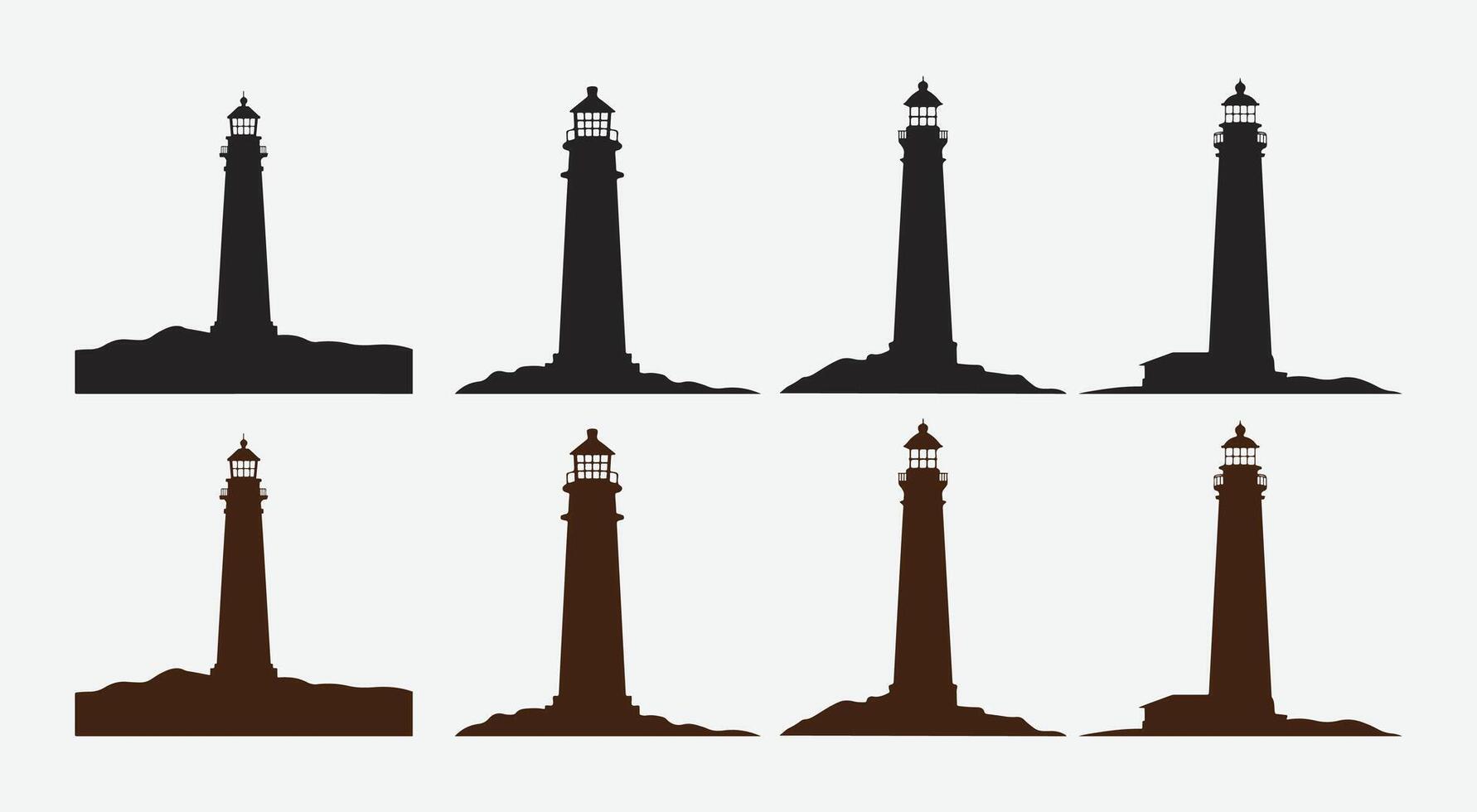 Lighthouse Silhouette Icon Set. Beacon Lighthouse Icon Collection. Coastal Lighthouse Silhouette Set. Lighthouse Bundle. vector