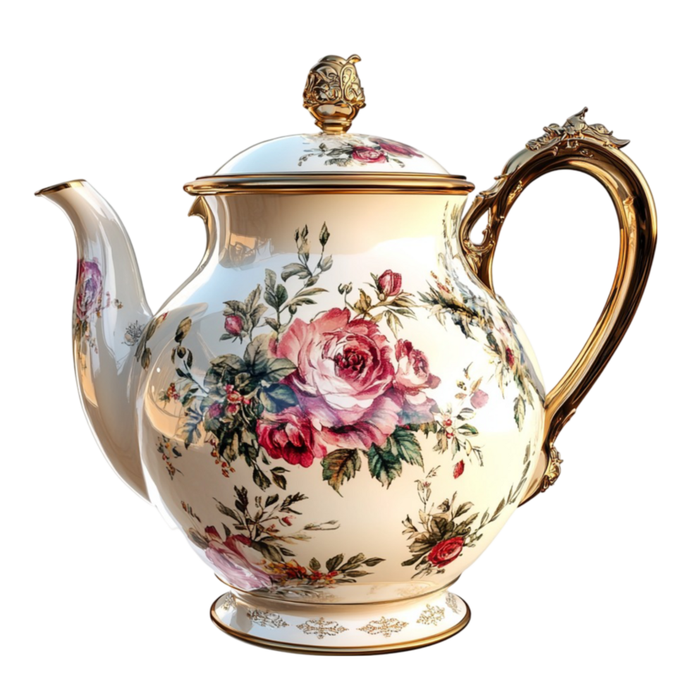 Elegant Porcelain Teapot with Floral Patterns and Gold Details png
