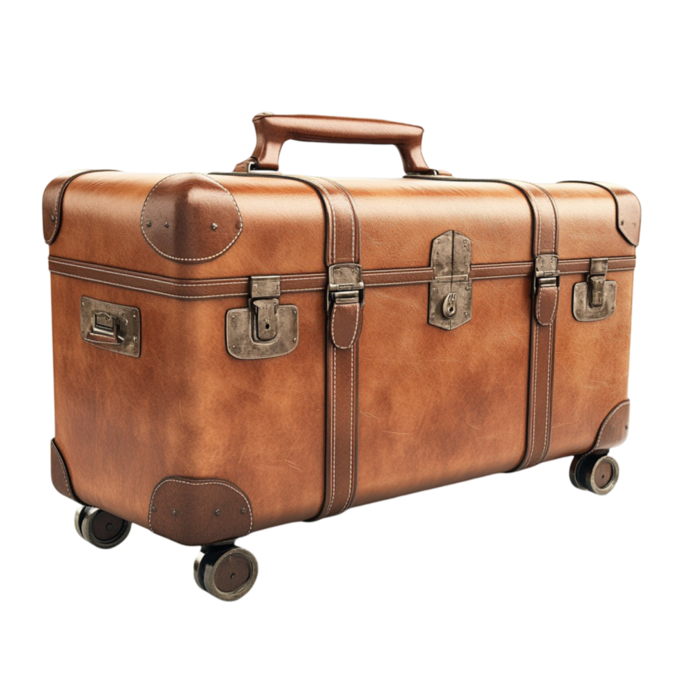 Pair of Brown Leather Suitcases with Metal Locks and Straps png